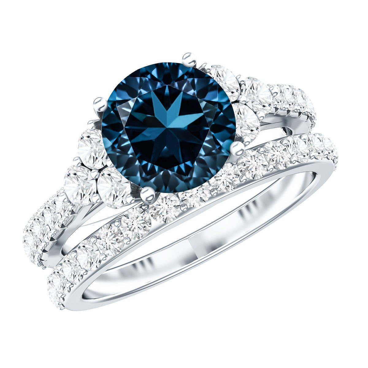 2 Carat London Blue Topaz Ring Set with Wedding Band