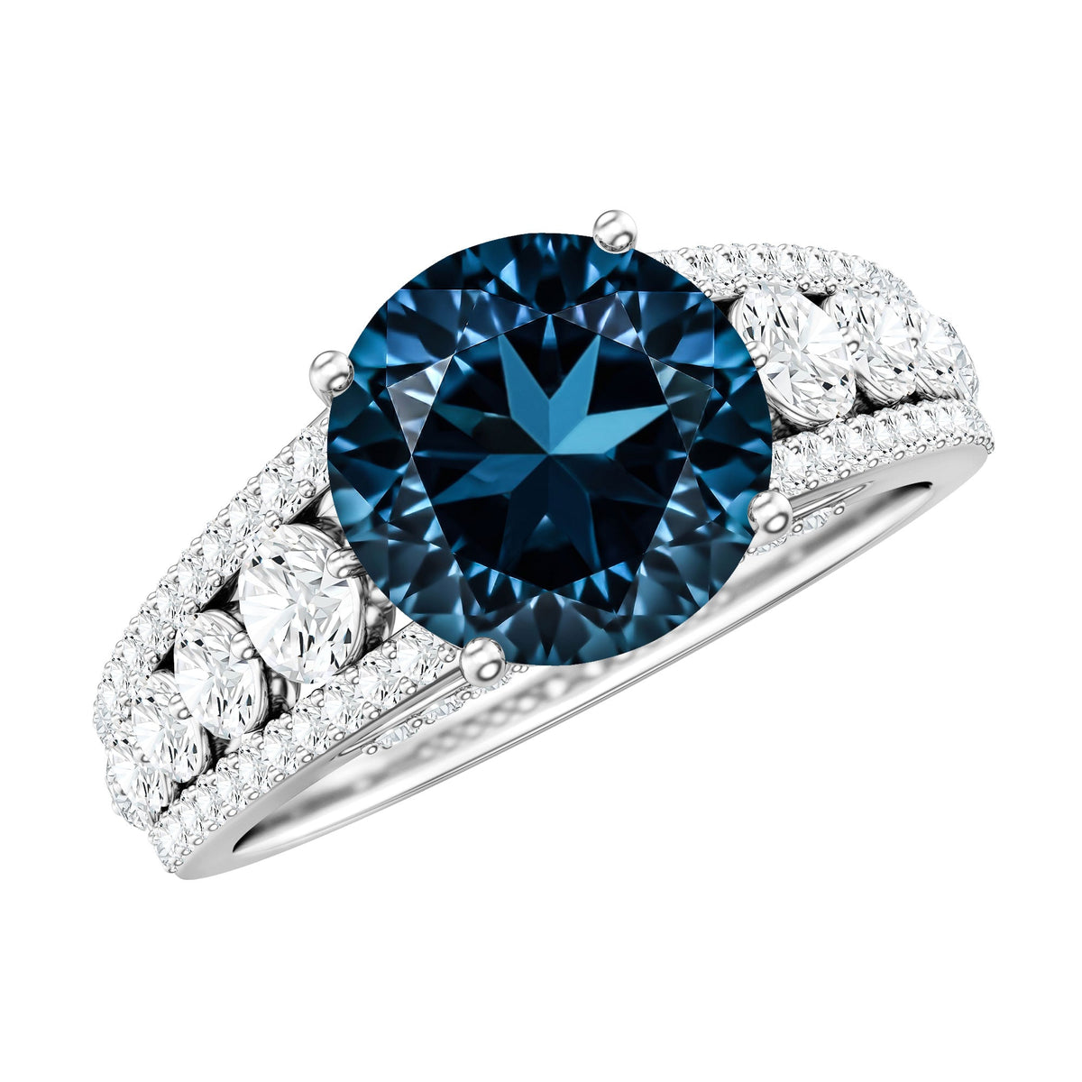 2 Carat London Blue Topaz Statement Engagement Ring with Side Stones