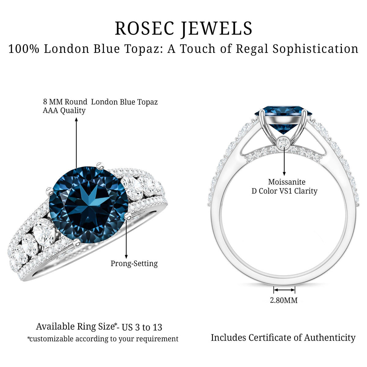 2 Carat London Blue Topaz Statement Engagement Ring with Side Stones