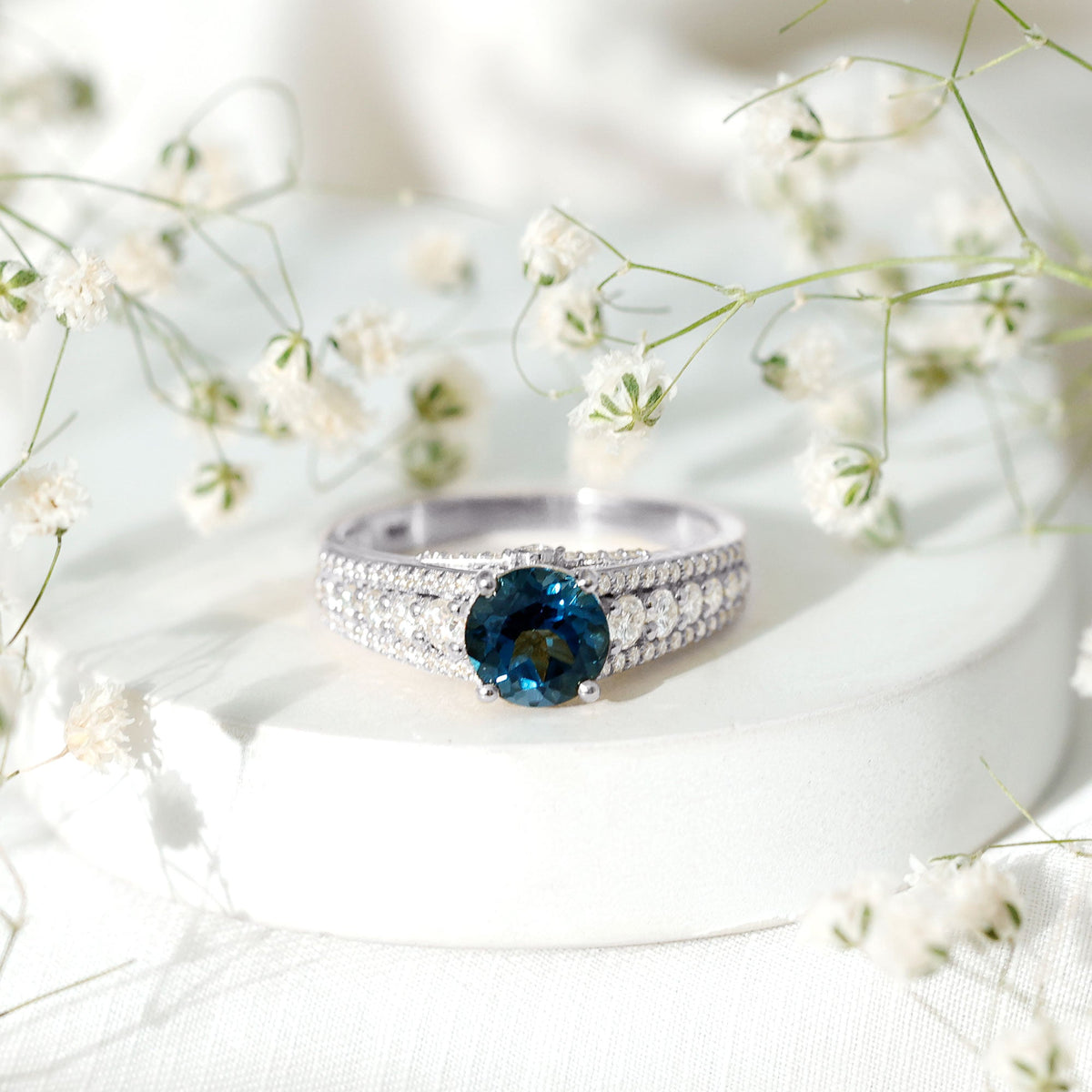2 Carat London Blue Topaz Statement Engagement Ring with Side Stones