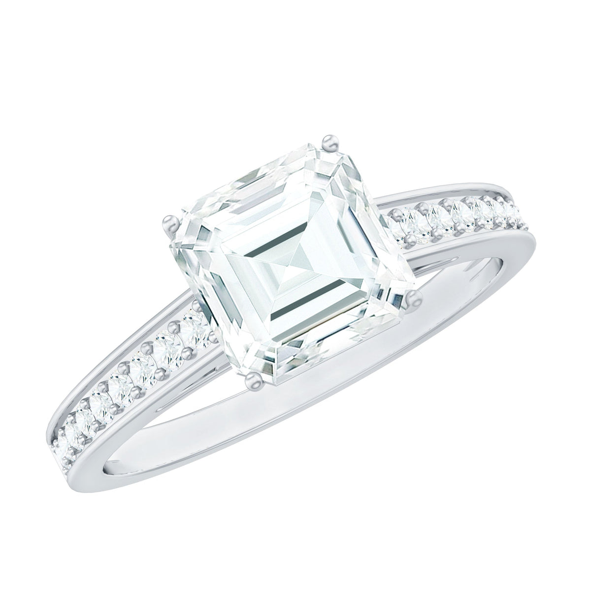 Asscher Cut 3 Carat Moissanite Solitaire Engagement Ring with Side Stones