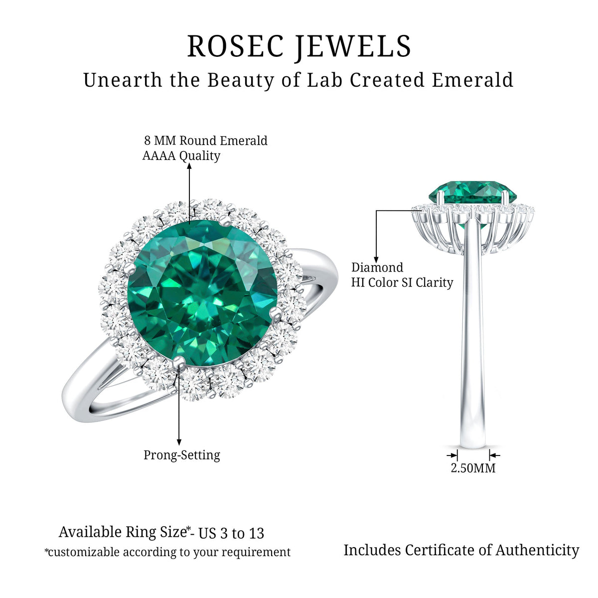 2 Carat Lab Grown Emerald Classic Engagement Ring with Diamond Halo