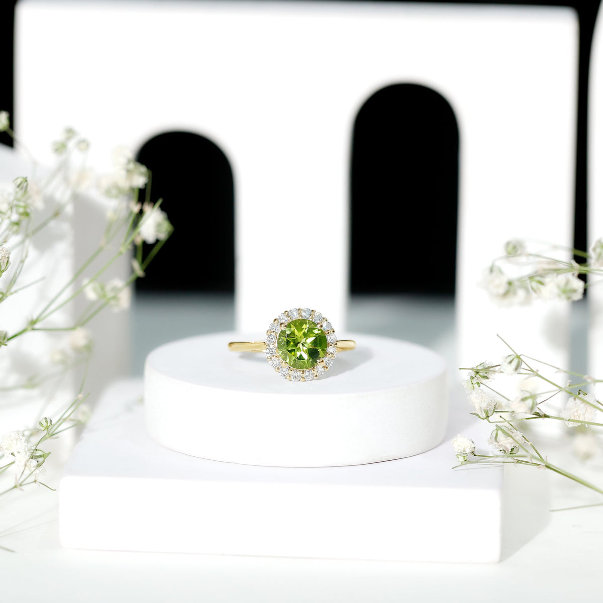 2 Carat Round Peridot and Diamond Halo Engagement Ring