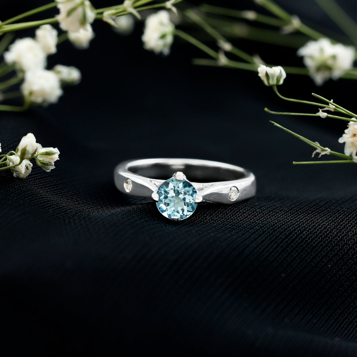 6 MM Certified Aquamarine Solitaire Promise Ring with Diamond