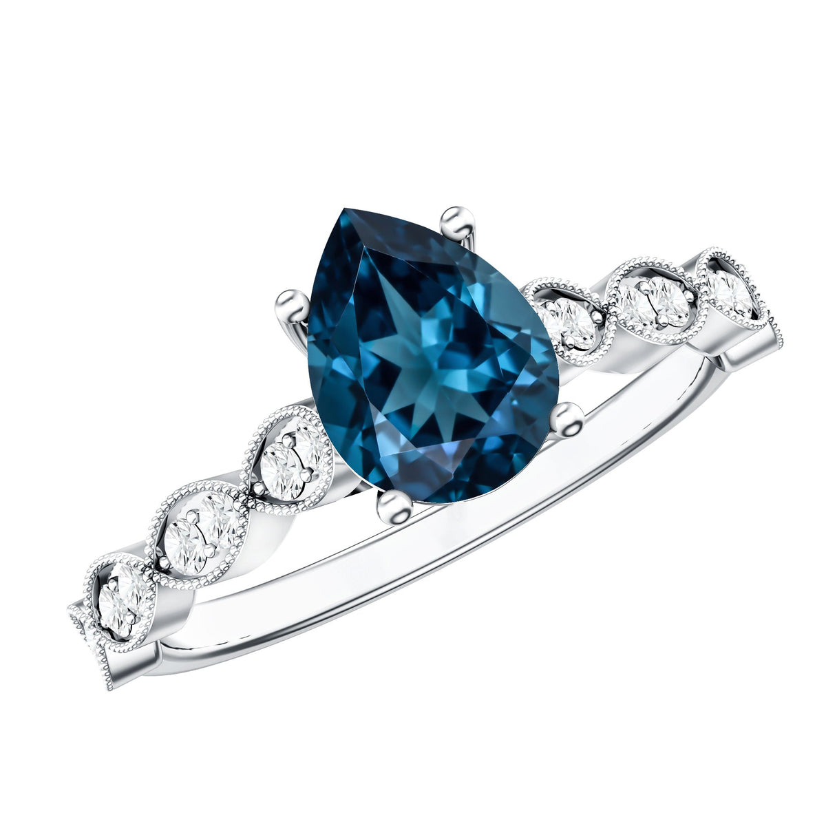 1 Carat Pear Shaped London Blue Topaz Teardrop Engagement Ring with Diamond