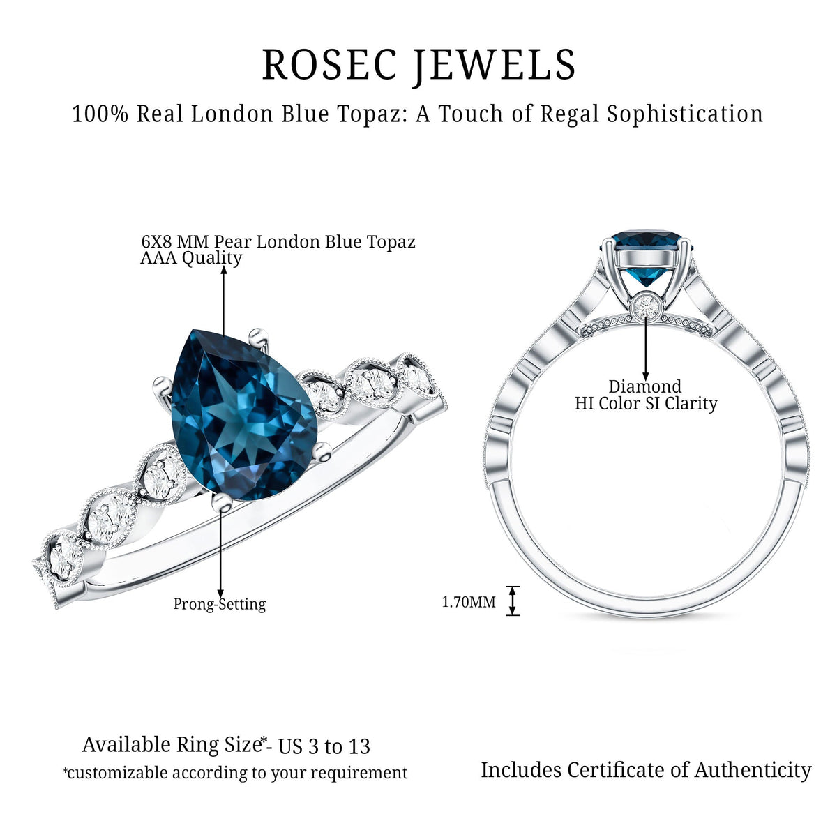 1 Carat Pear Shaped London Blue Topaz Teardrop Engagement Ring with Diamond