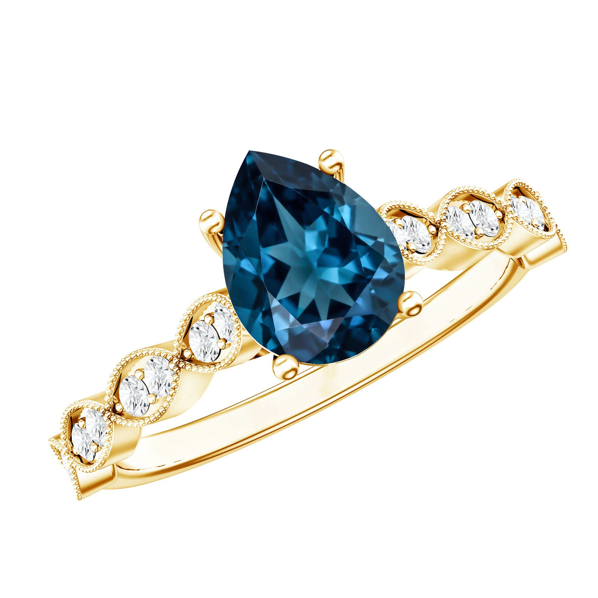 1 Carat Pear Shaped London Blue Topaz Teardrop Engagement Ring with Diamond
