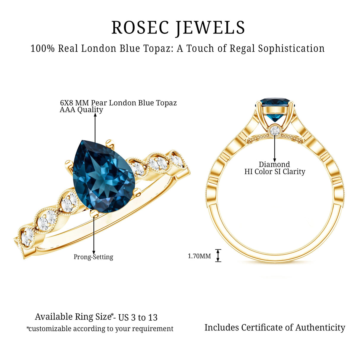 1 Carat Pear Shaped London Blue Topaz Teardrop Engagement Ring with Diamond