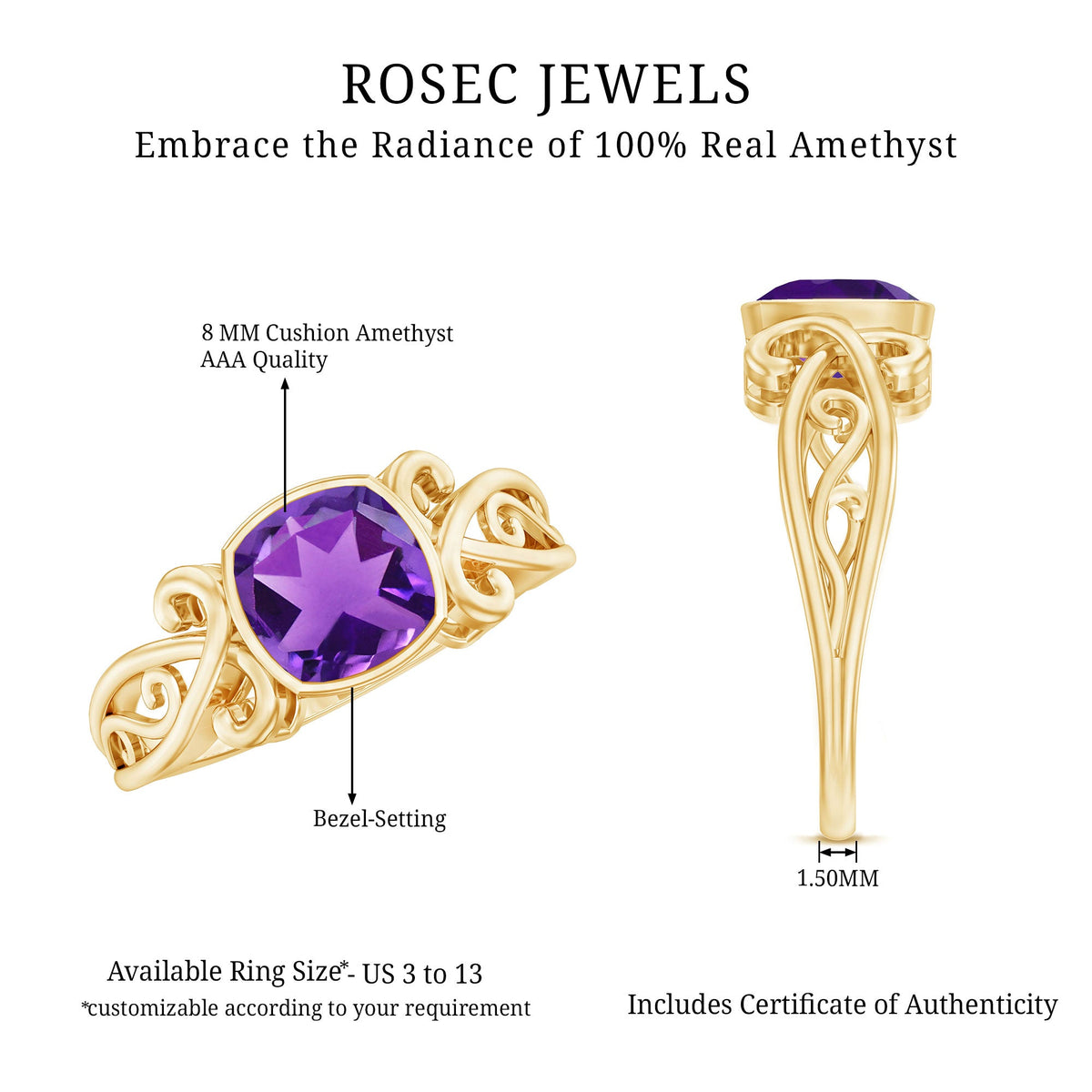 Vintage Style 2 Carat Amethyst Cushion Cut Engagement Ring in Bezel Set