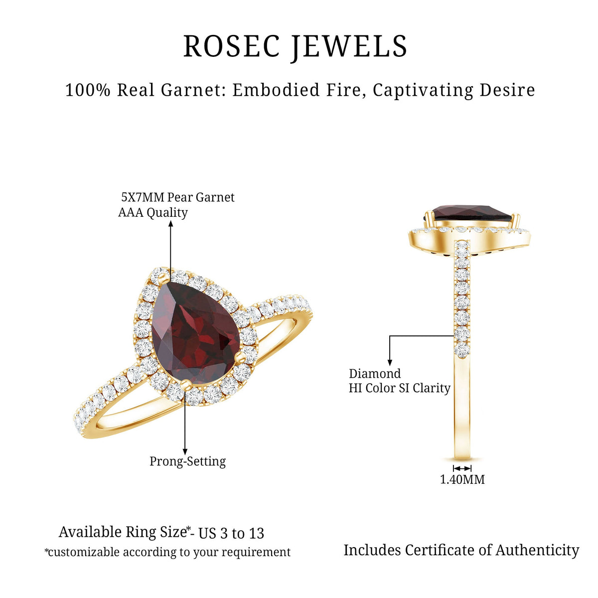 0.8 Carat Genuine Garnet Pear Shaped Engagement Ring with Diamond Halo