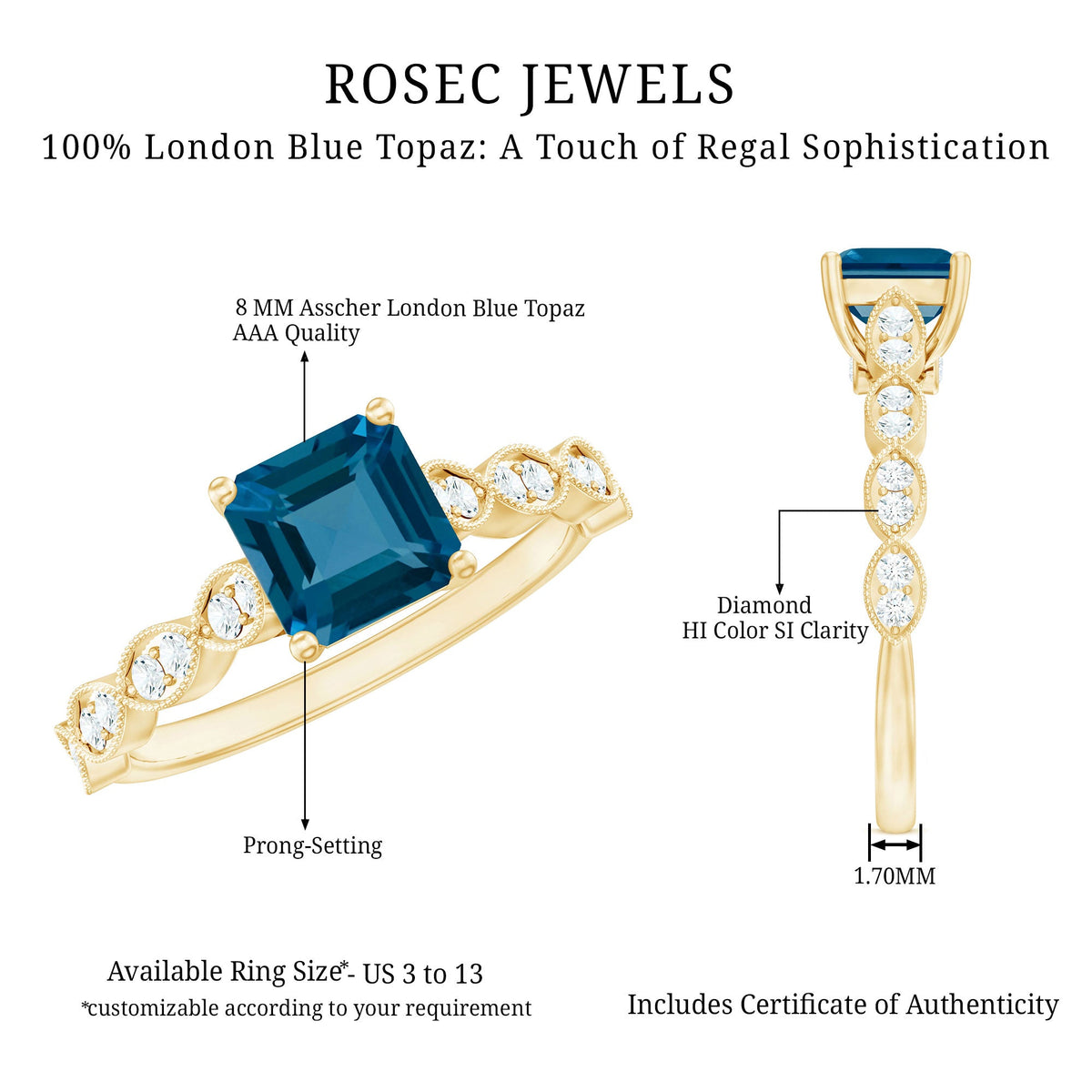 3 Carat Asscher Cut London Blue Topaz Designer Engagement Ring with Diamond