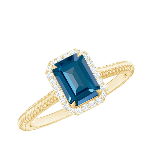 2.25 Carat Emerald Cut London Blue Topaz Engagement Ring with Diamond Halo