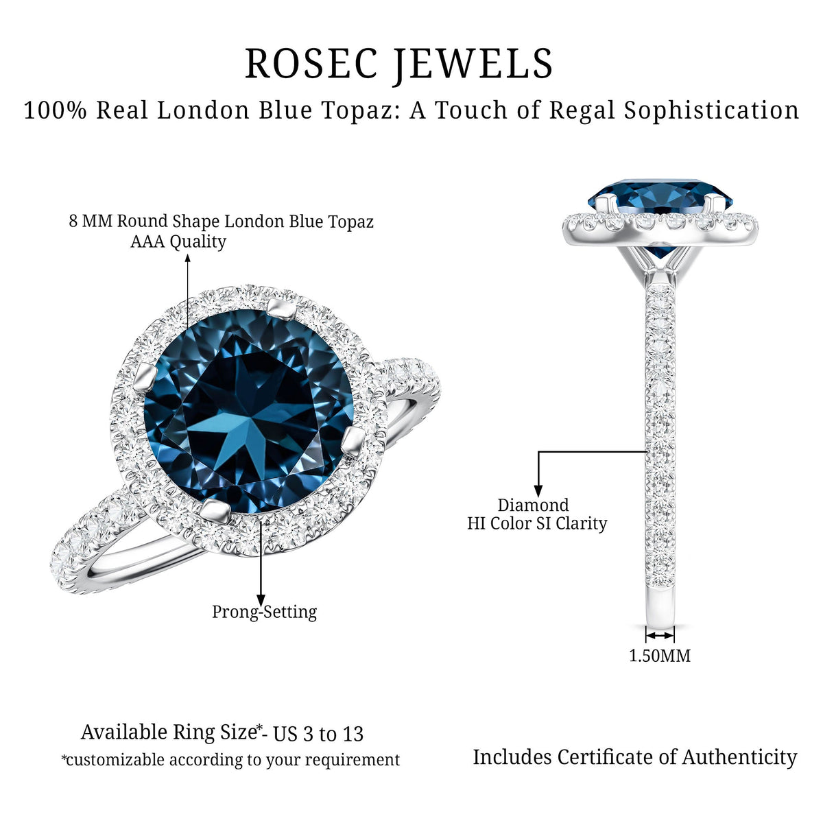 2 Carat London Blue Topaz Classic Engagement Ring with Diamond