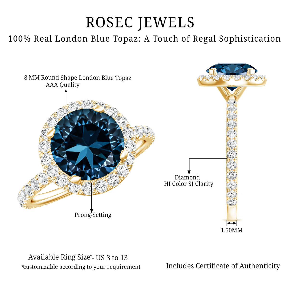 2 Carat London Blue Topaz Classic Engagement Ring with Diamond