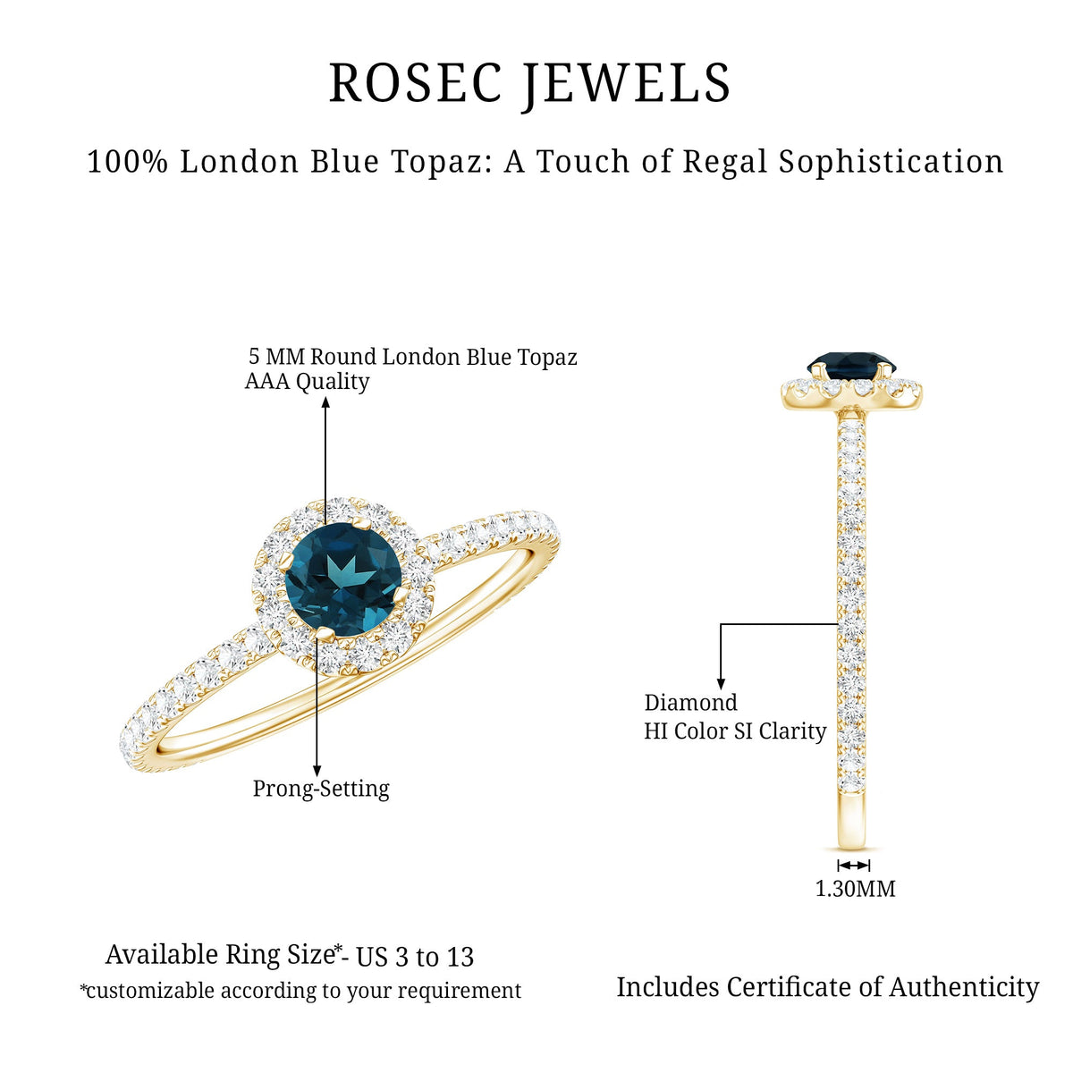 Round London Blue Topaz Halo Engagement Ring with Diamond