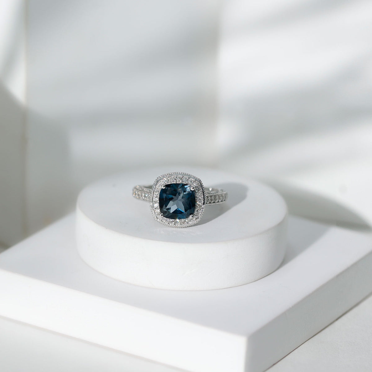 2.8 Carat Cushion Cut London Blue Topaz Halo Engagement Ring with Diamond