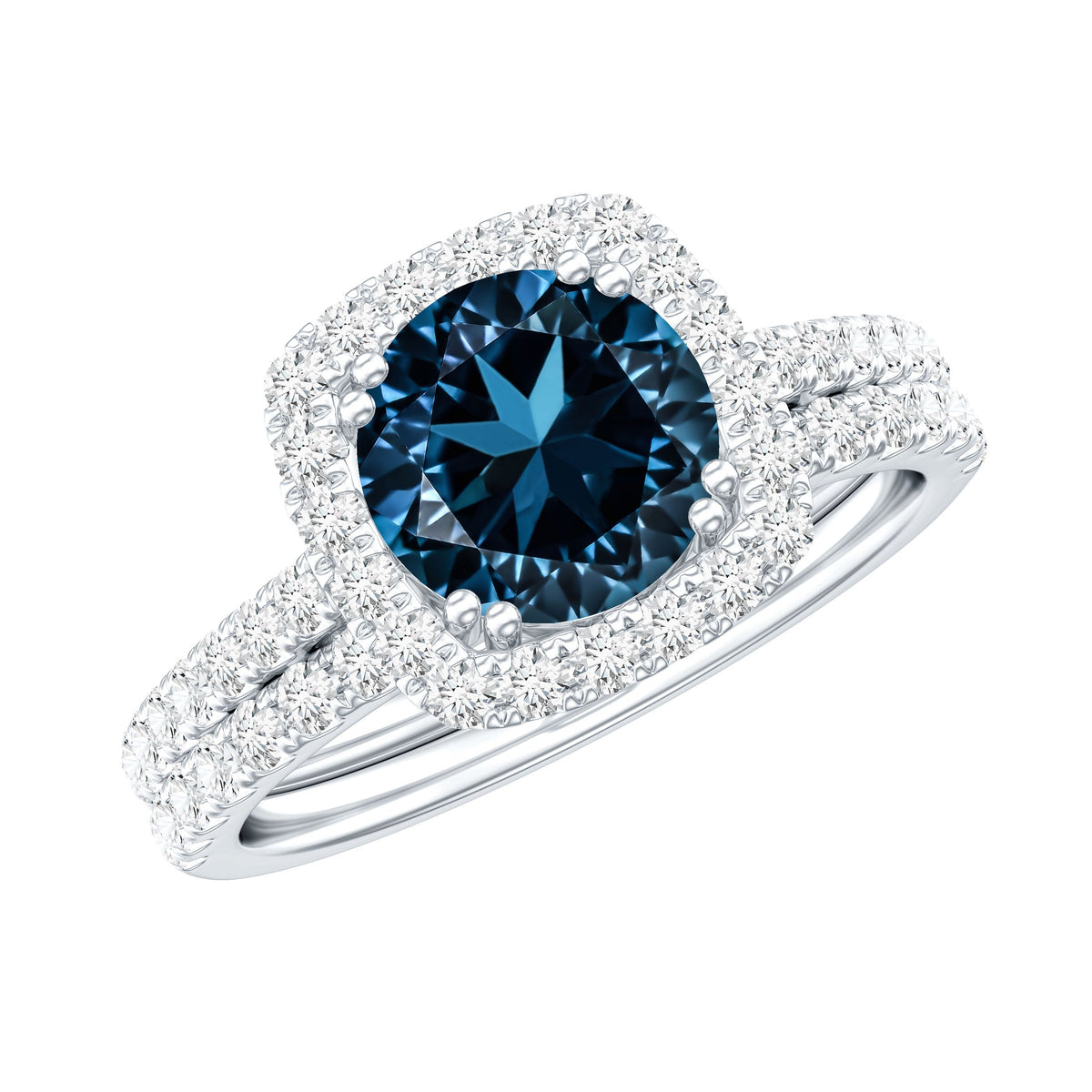 2 CT Round London Blue Topaz and Diamond Halo Bridal Ring Set