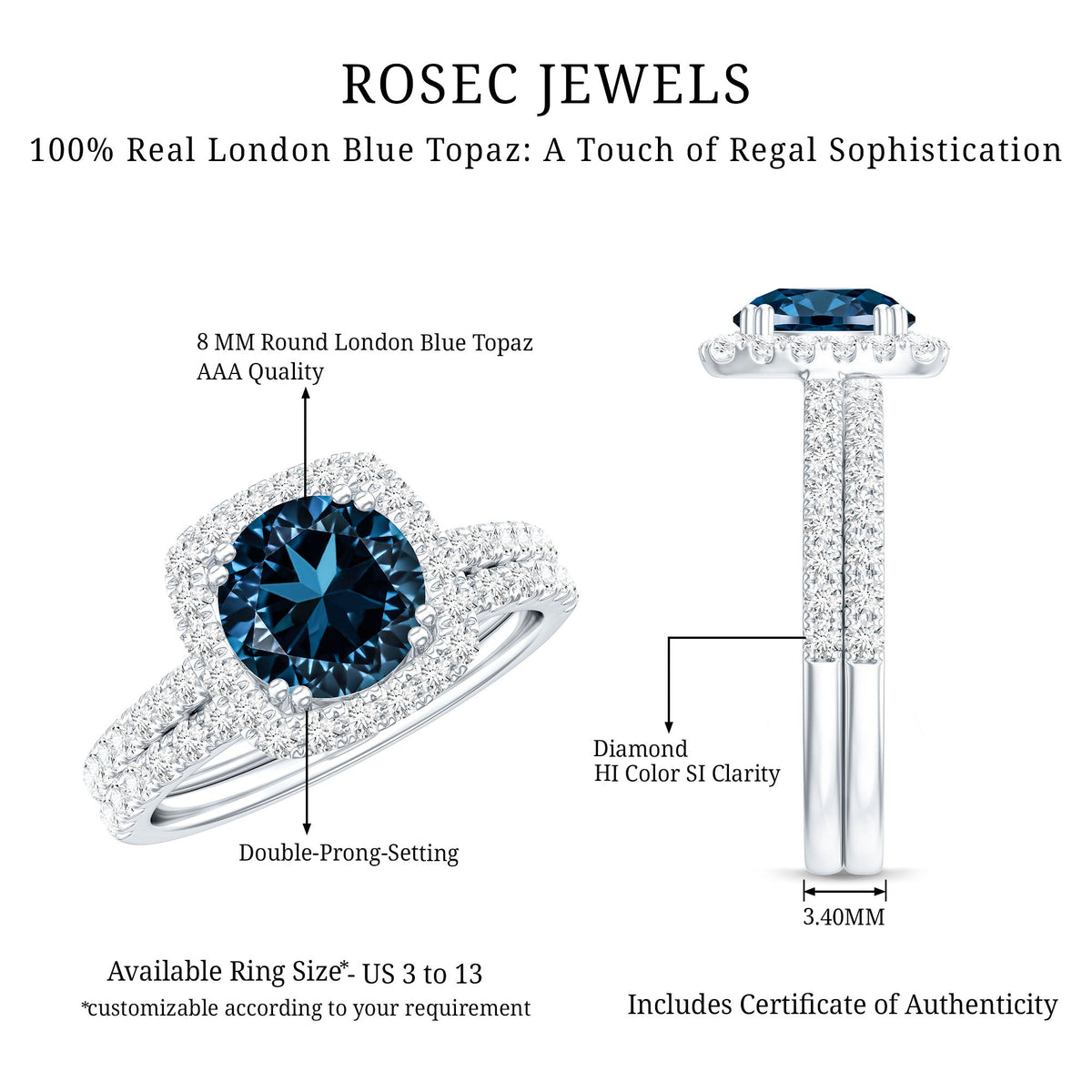 2 CT Round London Blue Topaz and Diamond Halo Bridal Ring Set