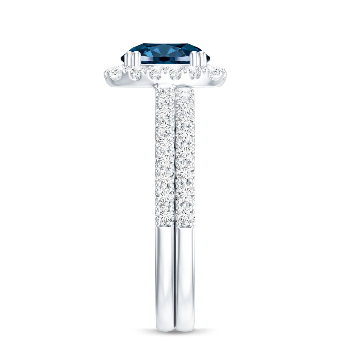 2 CT Round London Blue Topaz and Diamond Halo Bridal Ring Set