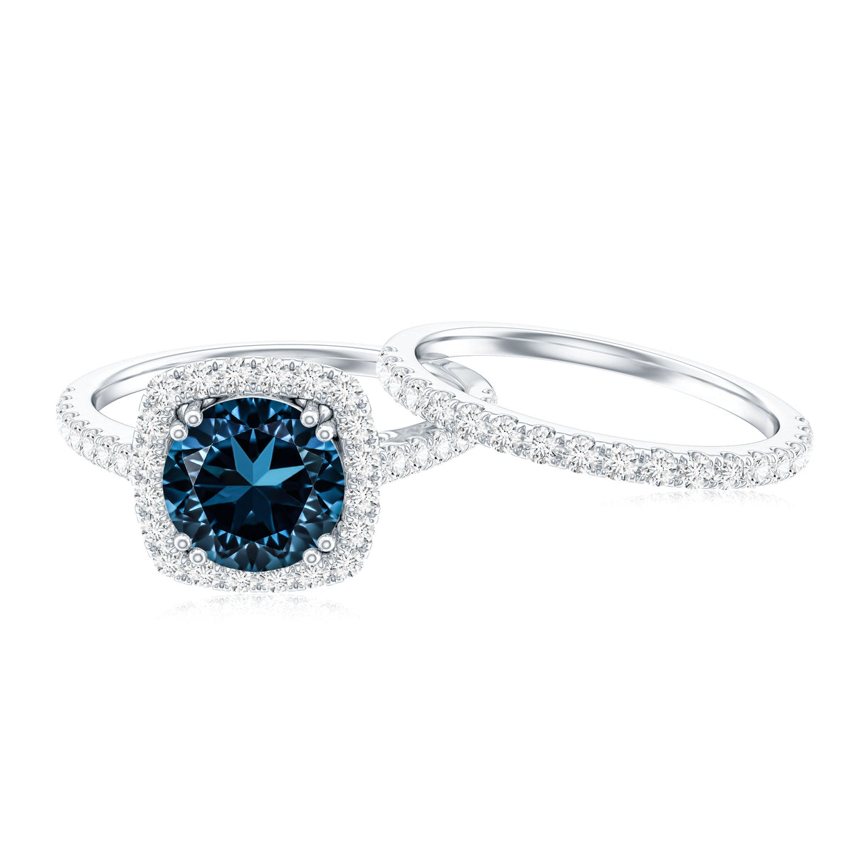 2 CT Round London Blue Topaz and Diamond Halo Bridal Ring Set