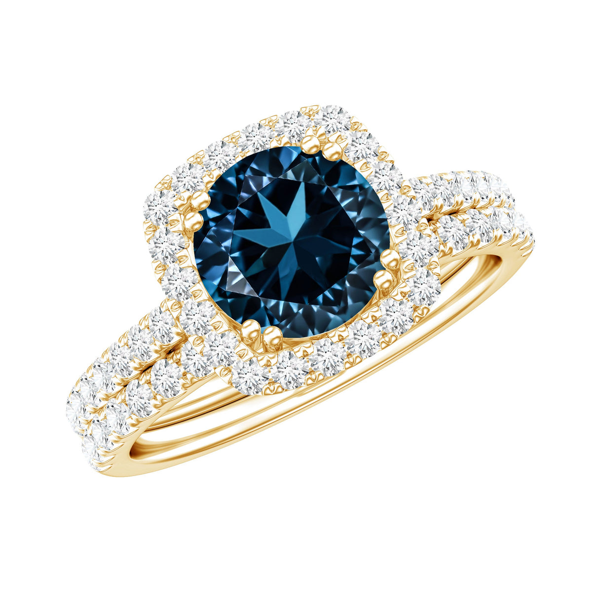 2 CT Round London Blue Topaz and Diamond Halo Bridal Ring Set