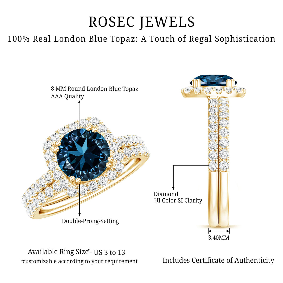 2 CT Round London Blue Topaz and Diamond Halo Bridal Ring Set