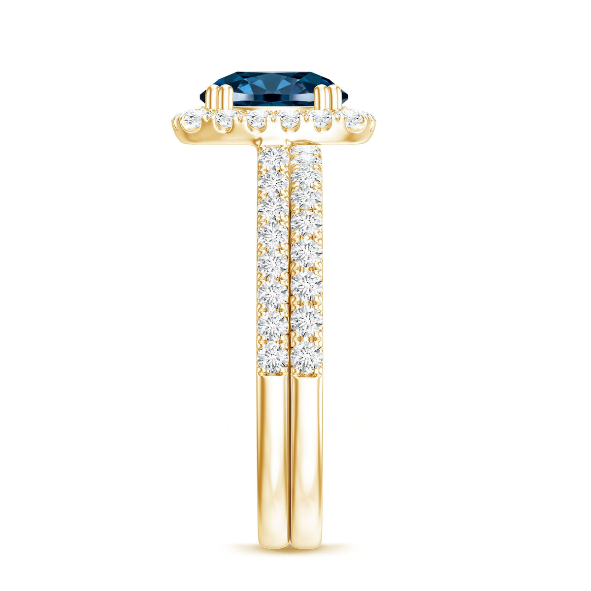 2 CT Round London Blue Topaz and Diamond Halo Bridal Ring Set
