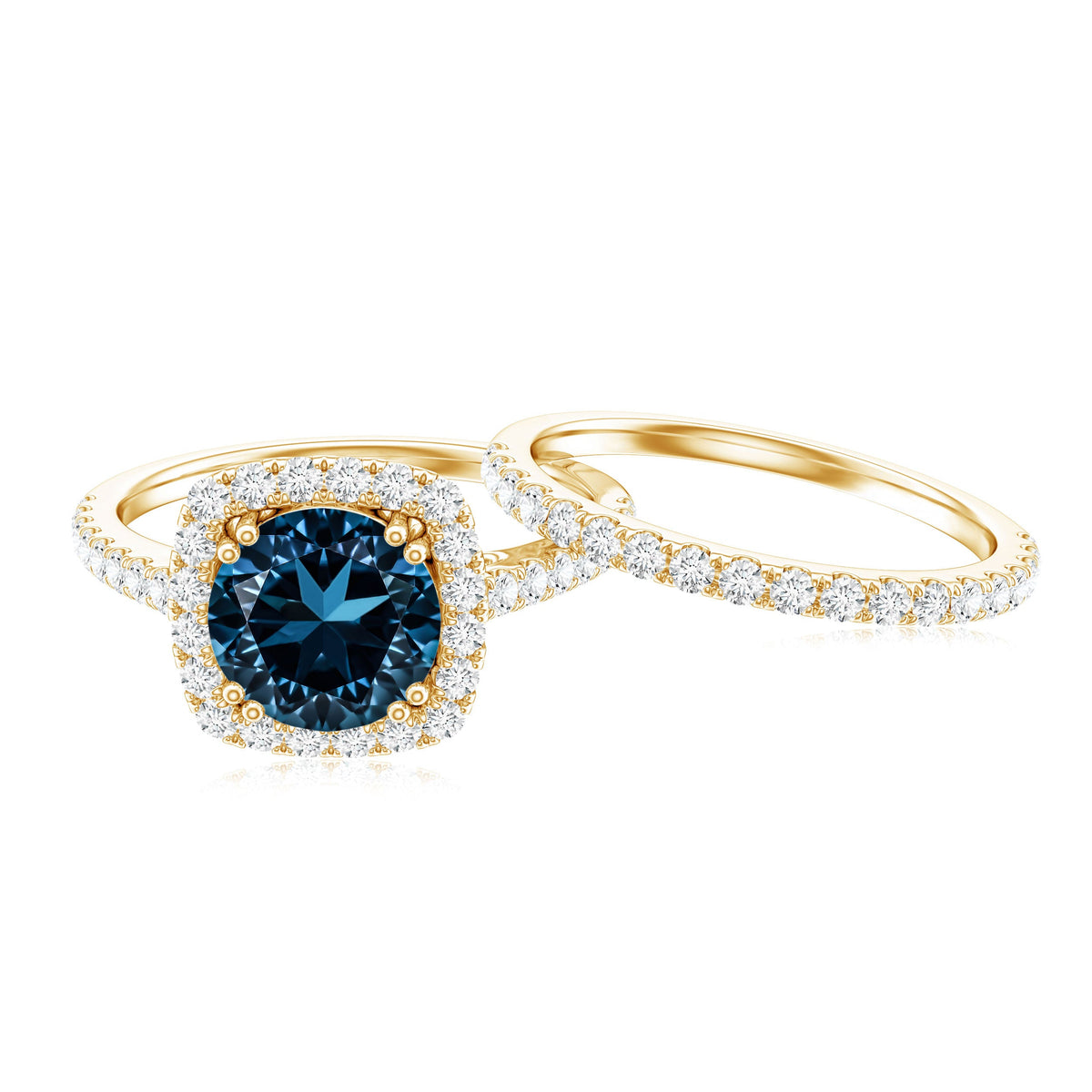 2 CT Round London Blue Topaz and Diamond Halo Bridal Ring Set