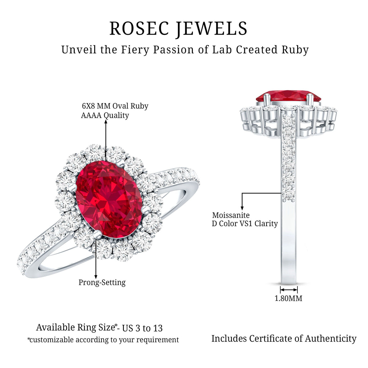 1.5 Carat Oval Cut Created Ruby Engagement Ring with Moissanite Halo