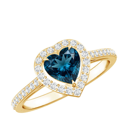 Heart Shaped London Blue Topaz Engagement Ring with Diamond Halo
