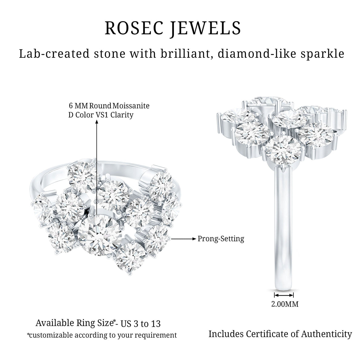 Certified 4 Carat Moissanite Cluster Statement Ring in Silver
