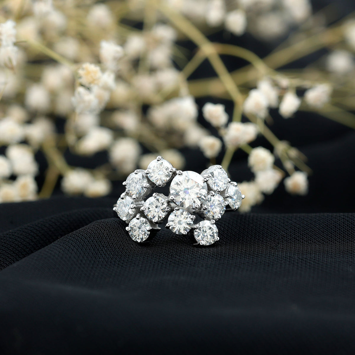 Certified 4 Carat Moissanite Cluster Statement Ring in Silver