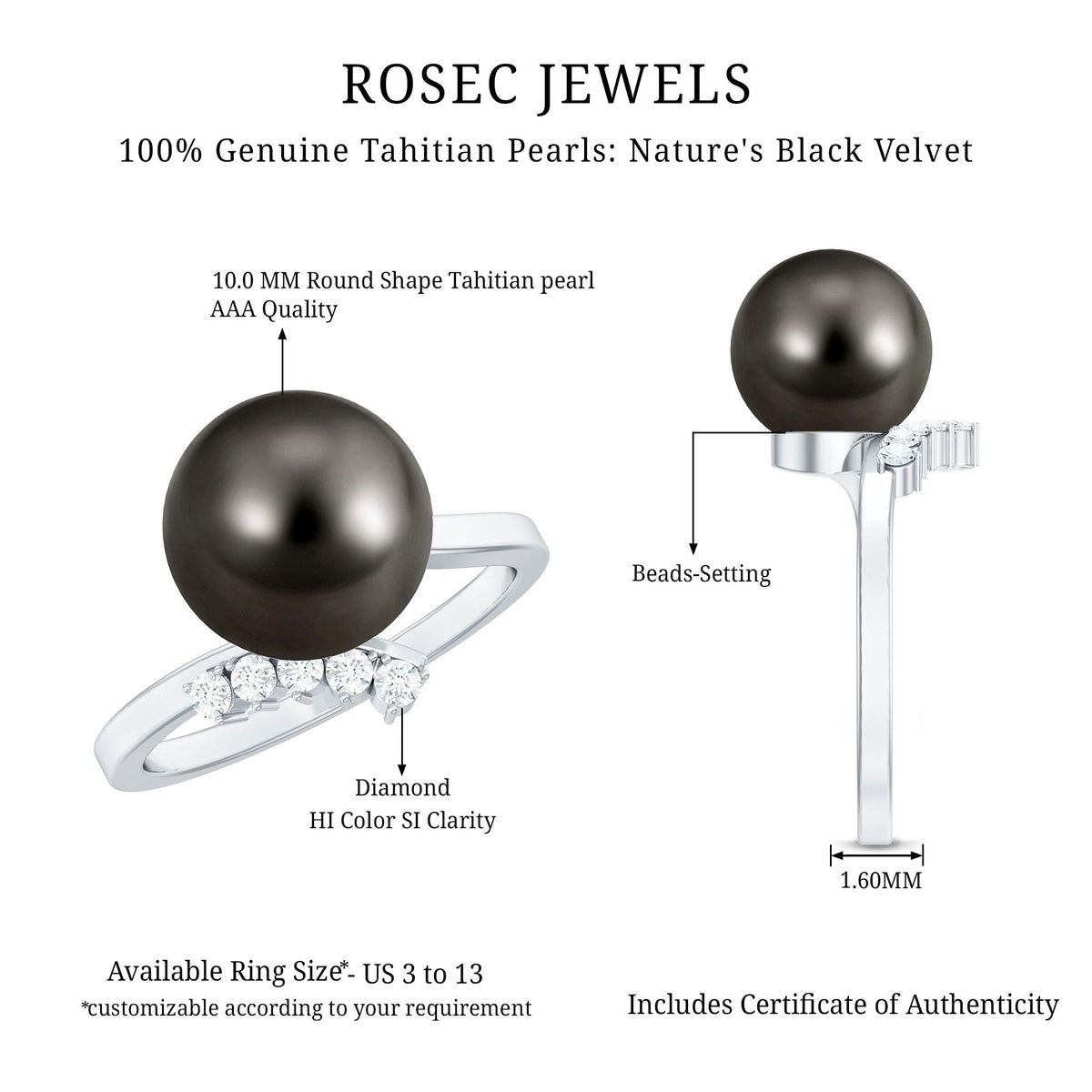 8 Carat Designer Tahitian Pearl Solitaire Ring with Diamond