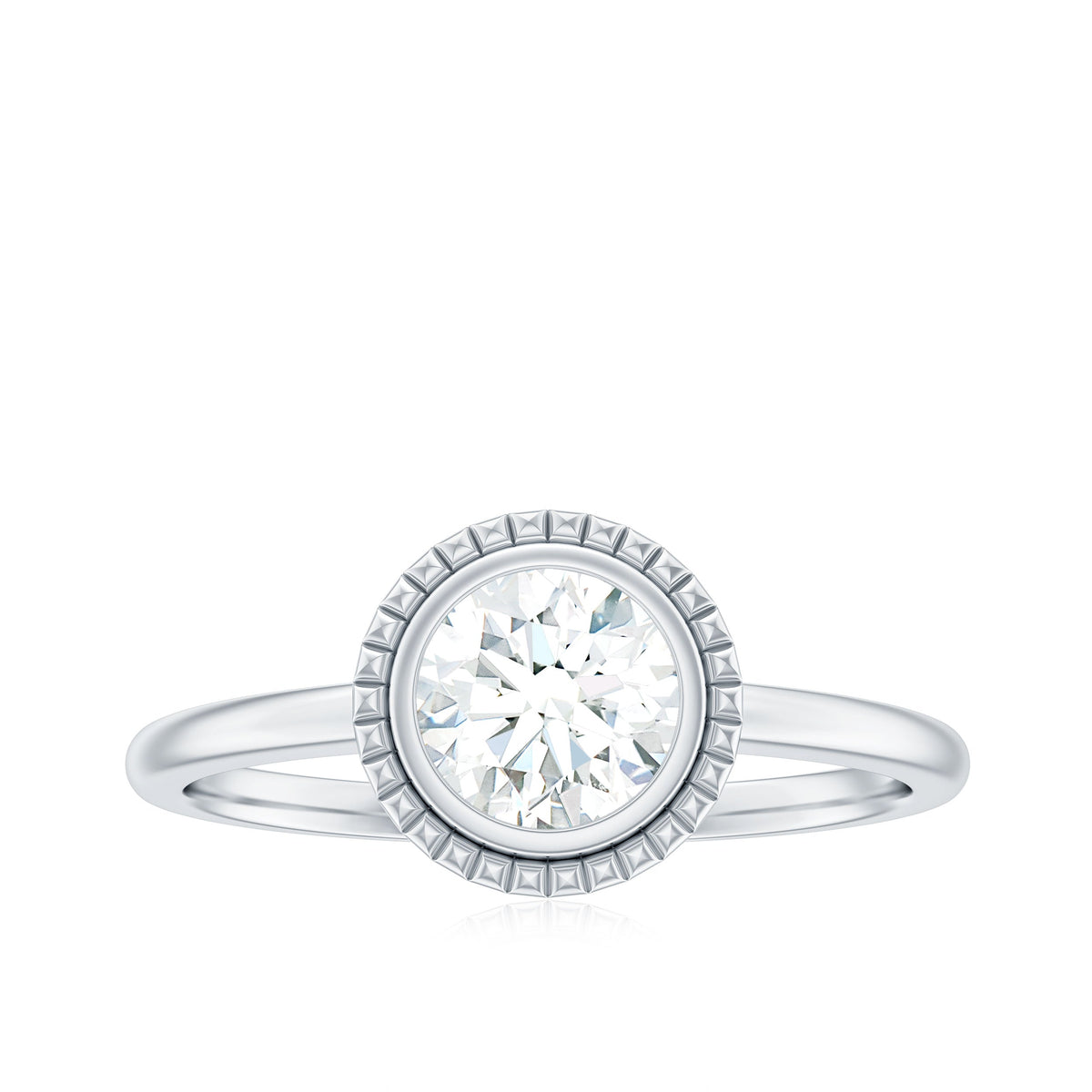 0.9 Carat Round Moissanite Solitaire Engagement Ring in Bezel Setting