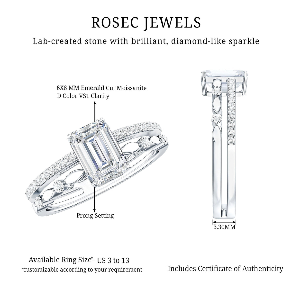 1.8 Carat Emerald Cut Moissanite Solitaire Engagement Double Band Ring