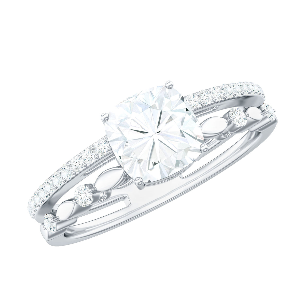1.7 Carat Cushion Cut Moissanite Solitaire Double Band Engagement Ring