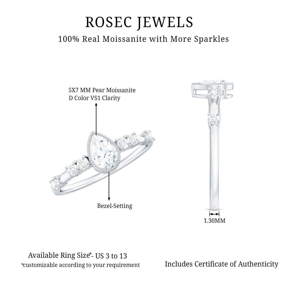 0.7 Carat Pear Cut Moissanite Solitaire Engagement Ring with Beaded Details