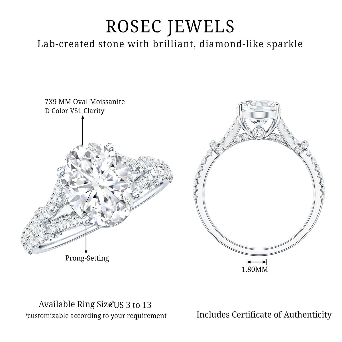 2 Carat Oval Cut Moissanite Statement Engagement Ring with Split Shank