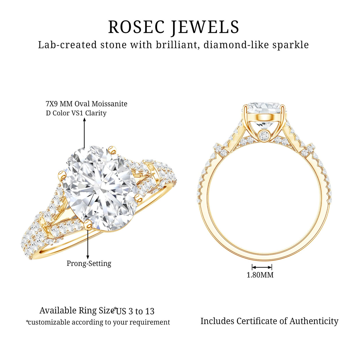 2 Carat Oval Cut Moissanite Statement Engagement Ring with Split Shank