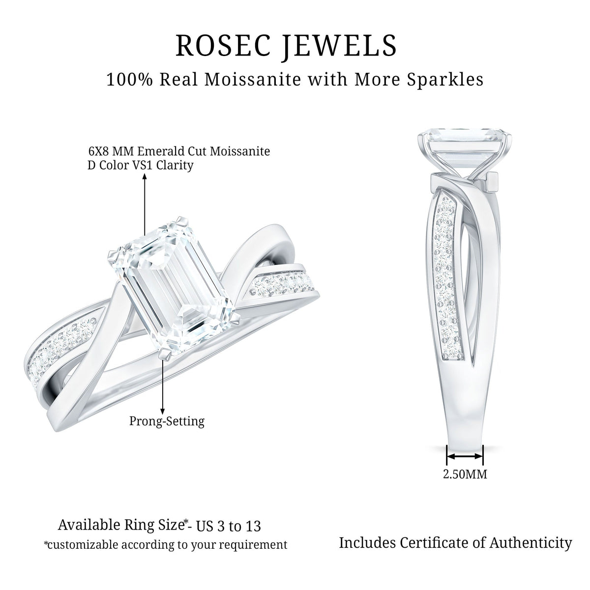1.8 Carat Emerald Cut Moissanite Infinity Engagement Ring