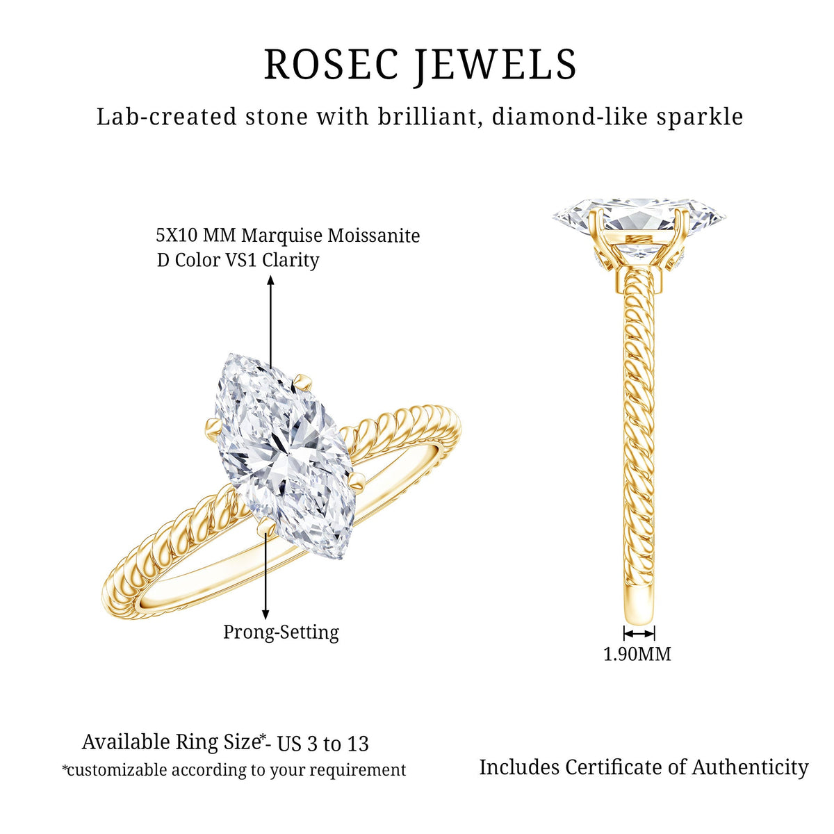 1 Carat Marquise Cut Moissanite Solitaire Engagement Ring with Twisted Rope Shank