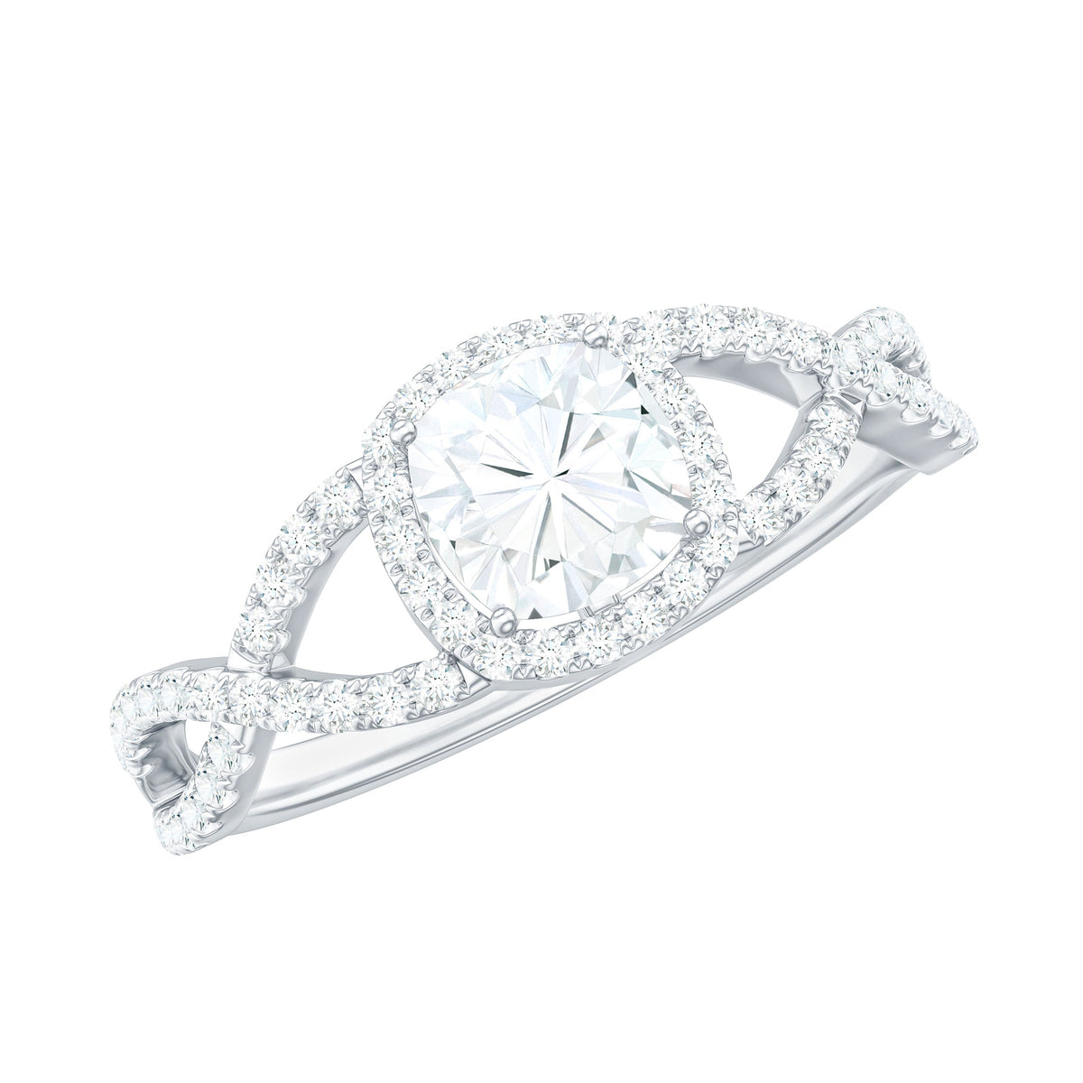 1.7 Carat Cushion Cut Moissanite Halo Engagement Ring with Crossover Shank