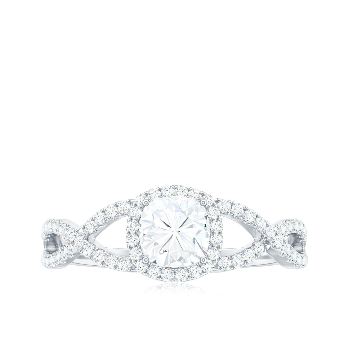 1.7 Carat Cushion Cut Moissanite Halo Engagement Ring with Crossover Shank