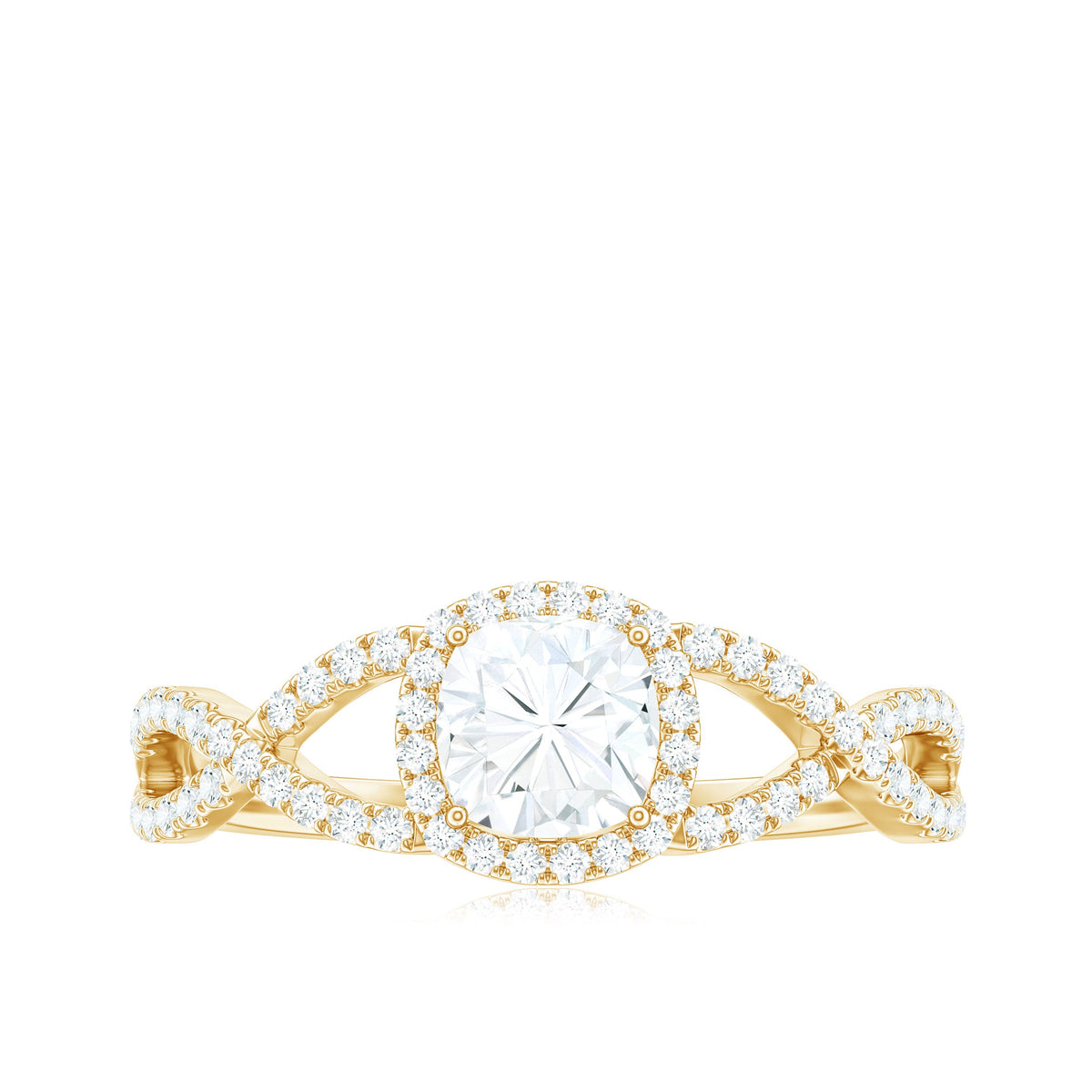 1.7 Carat Cushion Cut Moissanite Halo Engagement Ring with Crossover Shank
