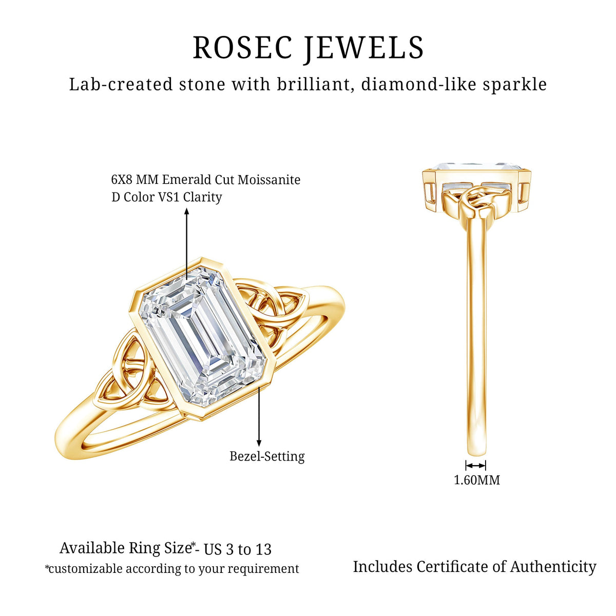 Emerald Cut Moissanite Solitaire Celtic Engagement Ring