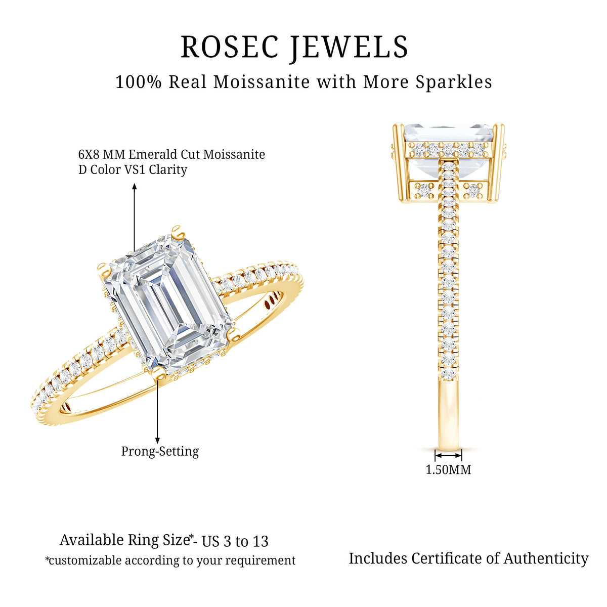 1.8 Carat Certified Moissanite Emerald Cut Engagement Ring