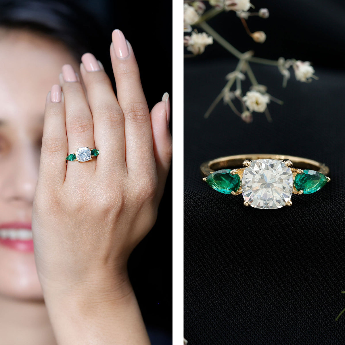 3 CT Moissanite Three Stone Engagement Ring With Emerald