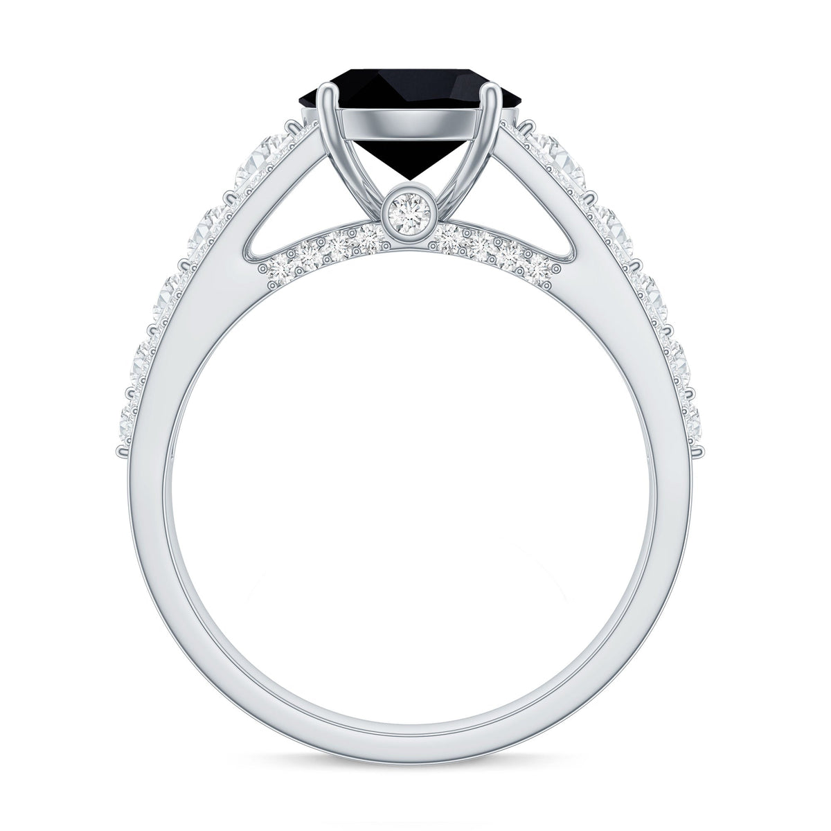 2 Carat Round Black Onyx Statement Engagement Ring with Moissanite Side Stones