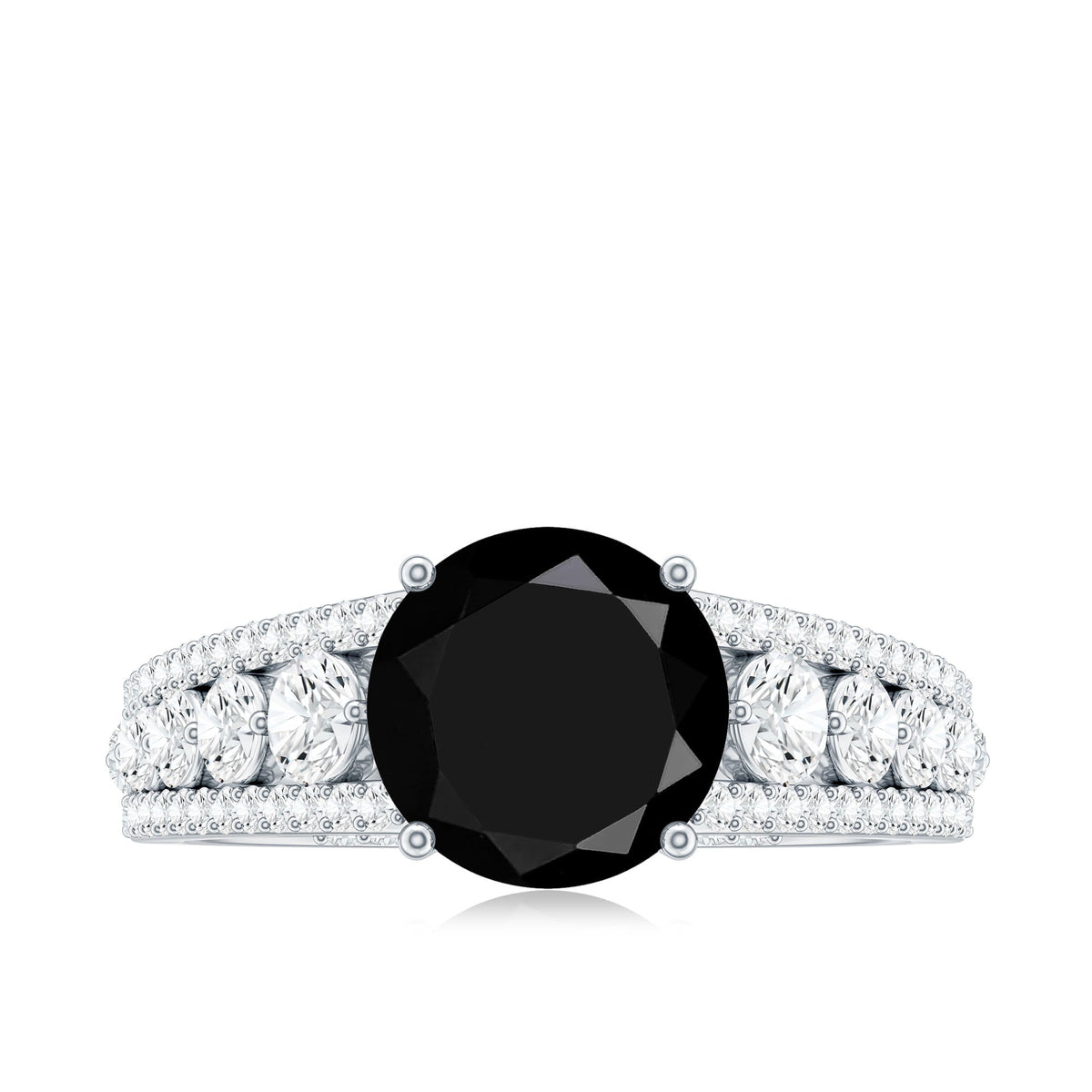 2 Carat Round Black Onyx Statement Engagement Ring with Moissanite Side Stones
