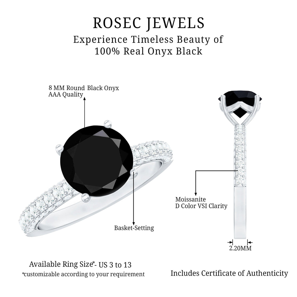 2 Carat Solitaire Black Onyx Engagement Ring with Moissanite